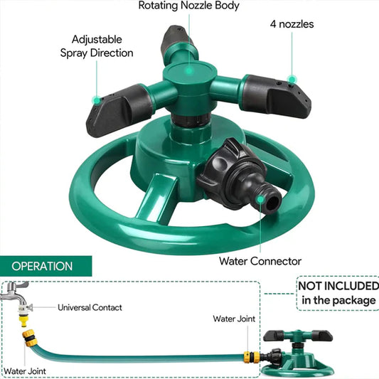 Automatic 360° Rotating Lawn Sprinkler – 3-Arm Adjustable Garden Watering System