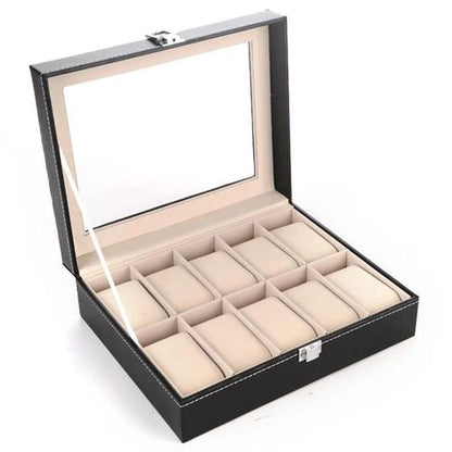 10‑Slot PU Leather Watch Organizer – Black Watch Storage & Display Box