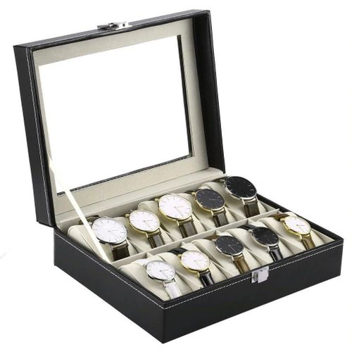 10‑Slot PU Leather Watch Organizer – Black Watch Storage & Display Box
