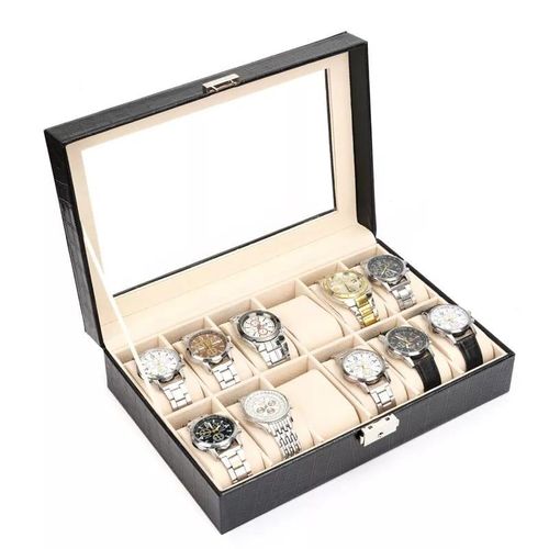 12-Slot Executive Watch Organizer – PU Leather Display Box with Glass Top