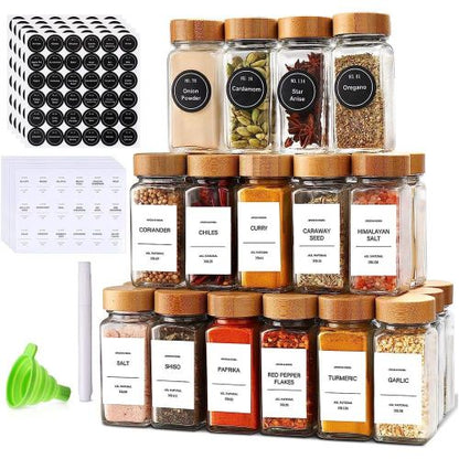 29-Piece Glass Spice Jar Set with Bamboo Lids — Airtight, Adjustable & Organized Kitchen Storage