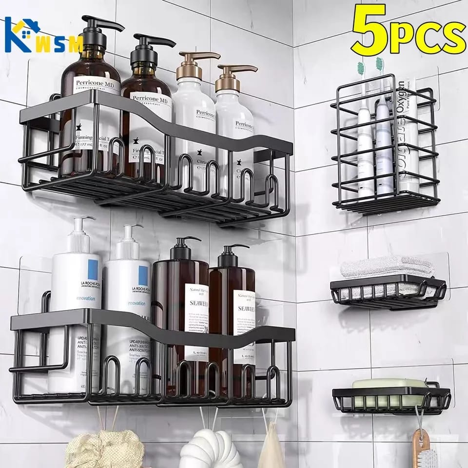 5 in 1 carbon steel Shower Caddy Set  – Rust-Resistant, Adhesive, Space-Saving Bathroom Organizer
