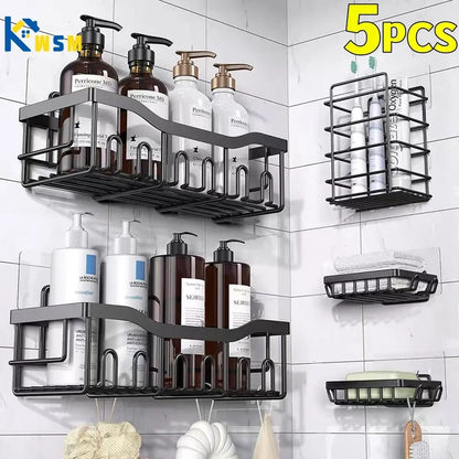 5 in 1 carbon steel Shower Caddy Set  – Rust-Resistant, Adhesive, Space-Saving Bathroom Organizer