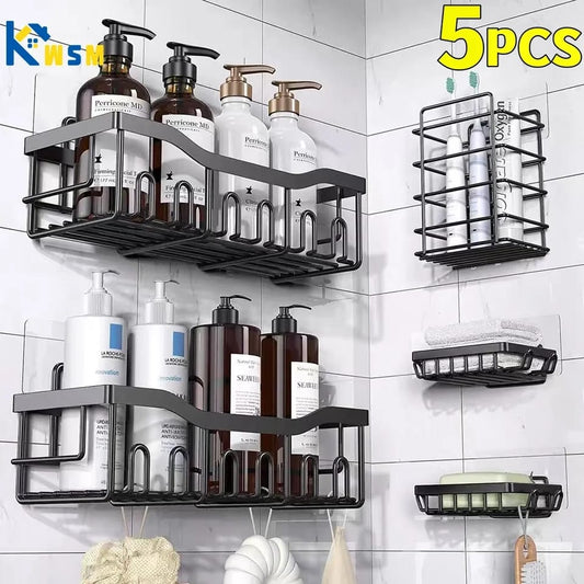 5 in 1 carbon steel Shower Caddy Set  – Rust-Resistant, Adhesive, Space-Saving Bathroom Organizer