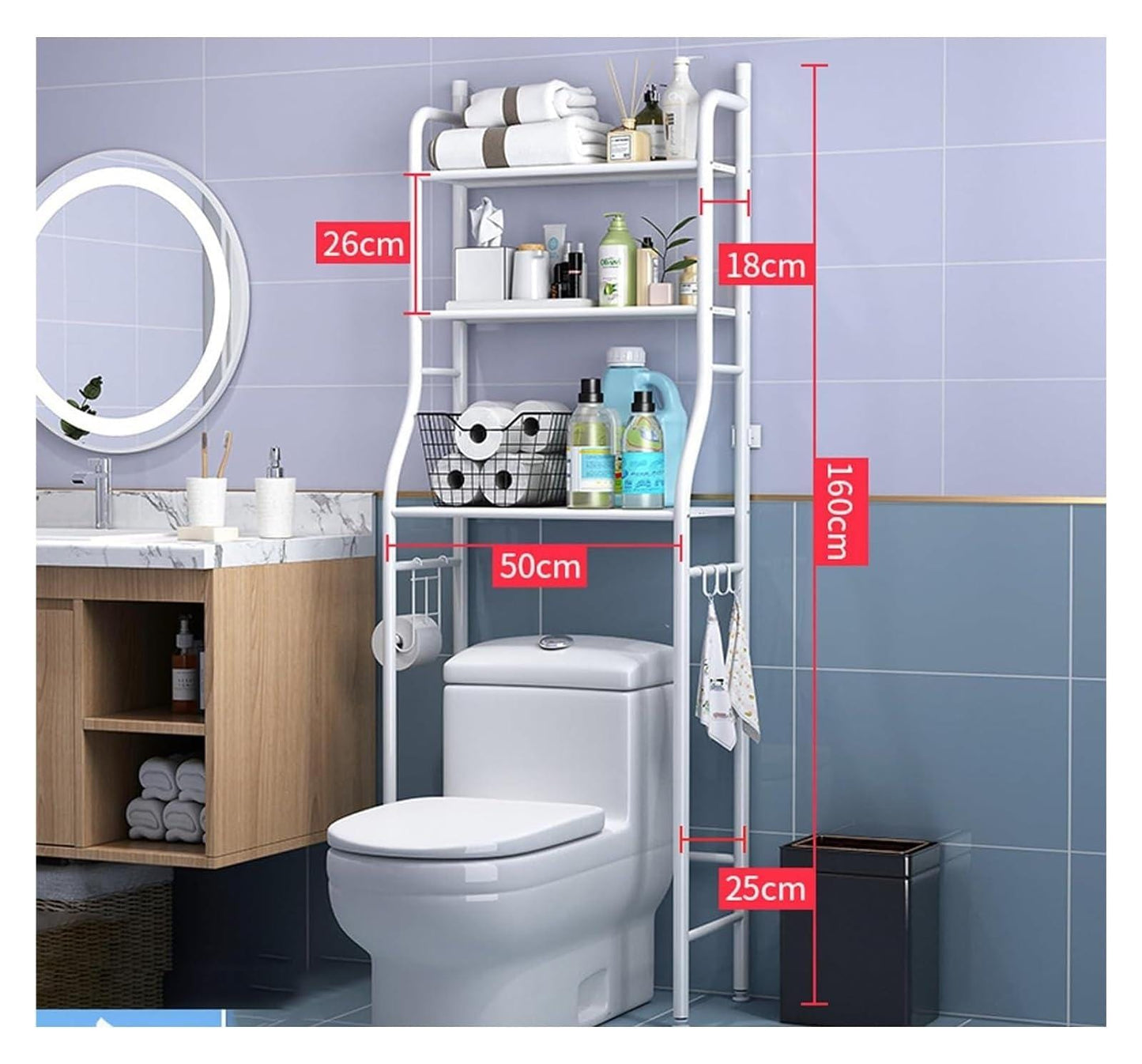 Heavy gauge metallic 3 layer over the toilet Rack