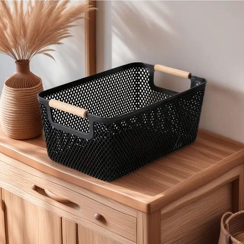 Large Modern Plastic Storage Basket with Wooden Handles — Stylish & Practical Home Organizer