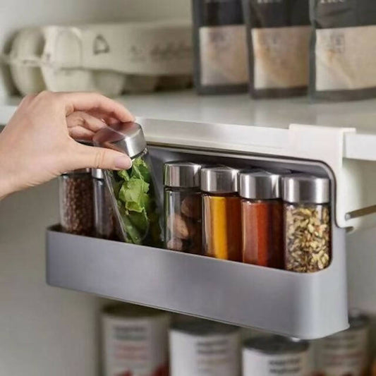 7pc Under Shelf Spice Holder Rack, Clear Spice Cans with Black Lids, Under-Shelf Spice Jar Organizer Drawer