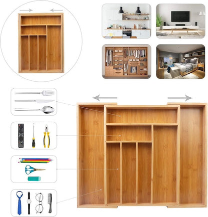 Multifunctional Bamboo Drawer Organizer, Extendable Bamboo Cutlery Tray, Adjustable Compartments Utensil Holder