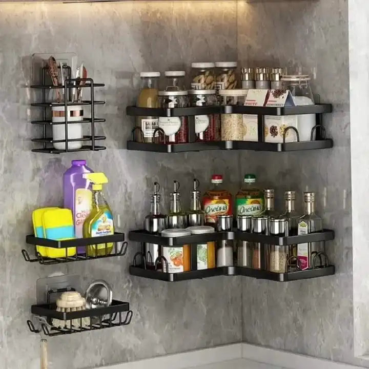 5 in 1 carbon steel Shower Caddy Set  – Rust-Resistant, Adhesive, Space-Saving Bathroom Organizer