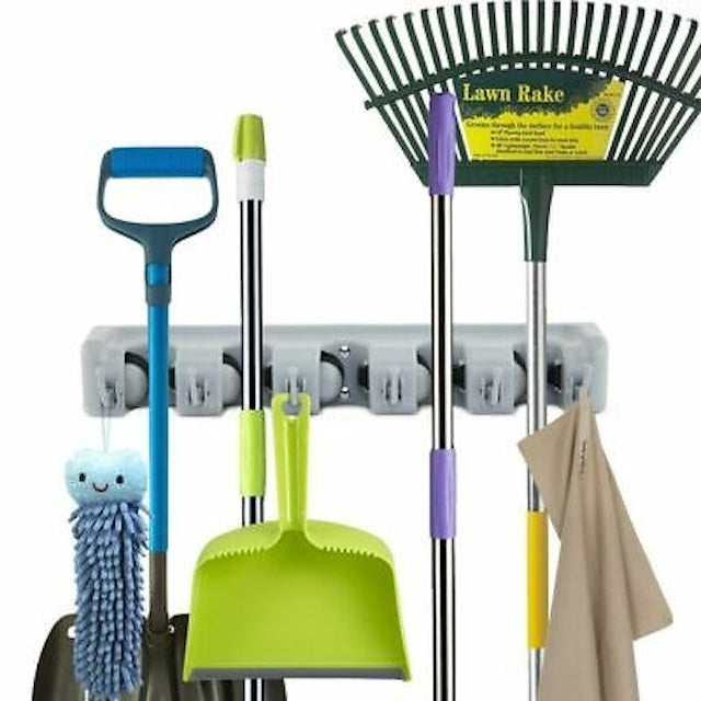 Broom Mop Holder Tidy Organizer, Wall Mounted Organizer with 5 Position 6 Hooks for Brush Mop and Broom Tool Storage
