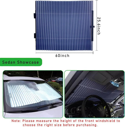 Car Retractable Windshield Sun Shade, Folding Large Sun Visor Protector with Suckers, Auto Front Window Sunshade, Sunscreen Blocks