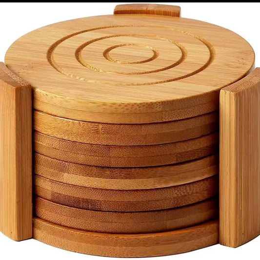 6pc Round Bamboo Coaster Set