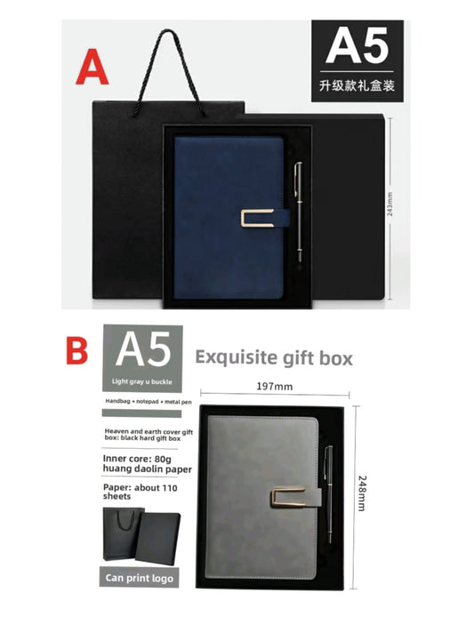 A5 Lined Leather Notebook and Pen Set with Gift Box and gift bag