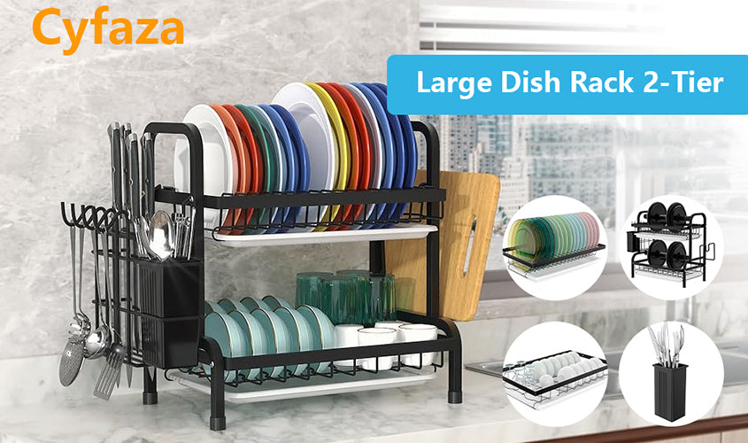 Large Dish Drying Rack For Kitchen Countertop 2-Tiers with Utensil Holder, Cutting Board Holder, Draining Board Tray