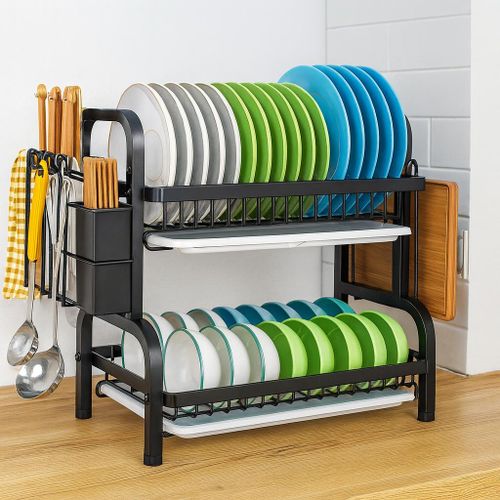 Large Dish Drying Rack For Kitchen Countertop 2-Tiers with Utensil Holder, Cutting Board Holder, Draining Board Tray