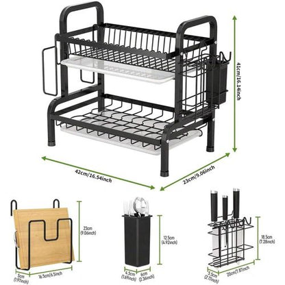 Large Dish Drying Rack For Kitchen Countertop 2-Tiers with Utensil Holder, Cutting Board Holder, Draining Board Tray