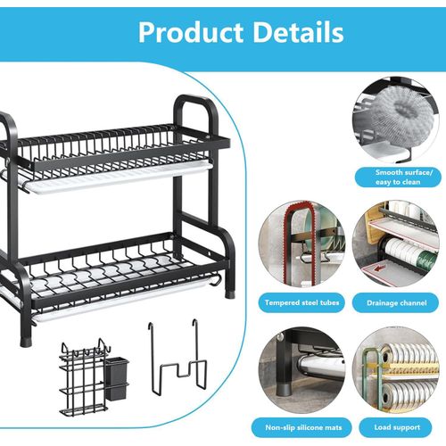 Large Dish Drying Rack For Kitchen Countertop 2-Tiers with Utensil Holder, Cutting Board Holder, Draining Board Tray