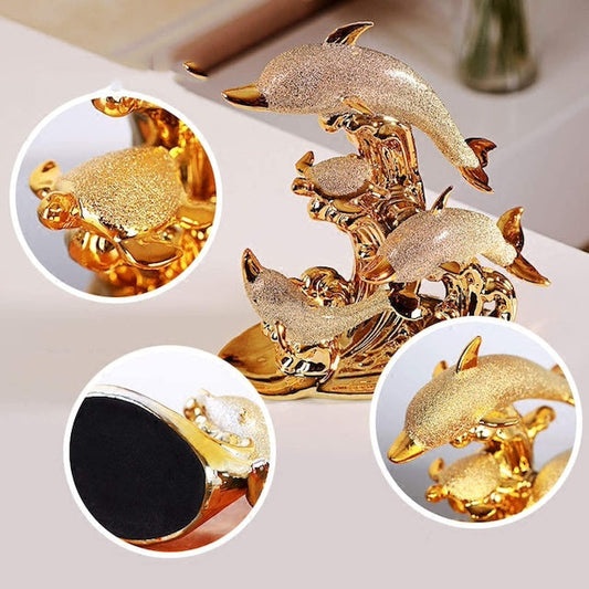 Gold Dolphine Decor, Gold-Plated Dolphin Bay Sculpture Crafts, Luxury Realistic Dolphin Decoration, Living Room Decor