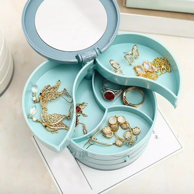 Four Layered Rotating Accessories Storage Box, 360 Degree Rotating Earring Storage with Mirror, Travel Jewellery Box