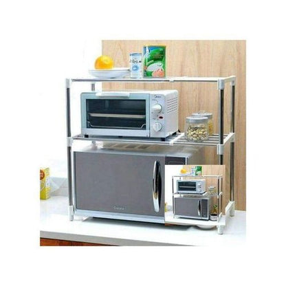 Adjustable Multifunctional Microwave Stand – Heavy-Duty 2-Tier Kitchen Storage Rack with Expandable Shelf & Hooks