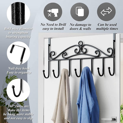 Over the Door Hanger with 7 Hooks, Decorative Metal Door Hooks Hanger Holder for Home Office Kitchen Use, Hook Organizer Rack