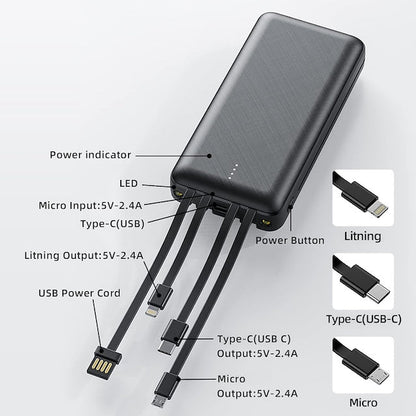 Power Bank with 4 Inbuilt Cables, Fast Charging External Battery, Compatible with iPhone iPad Samsung, Android Smartphone Tablet and More