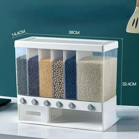 6-Compartment Cereal Dispenser – 10kg Capacity Airtight Food Storage Container