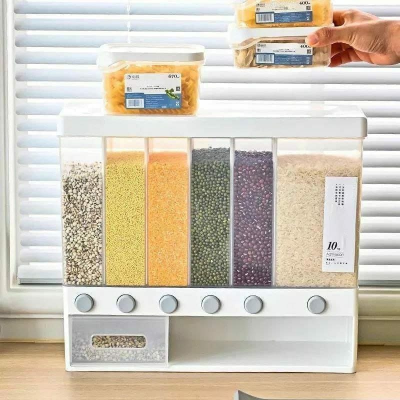 6-Compartment Cereal Dispenser – 10kg Capacity Airtight Food Storage Container