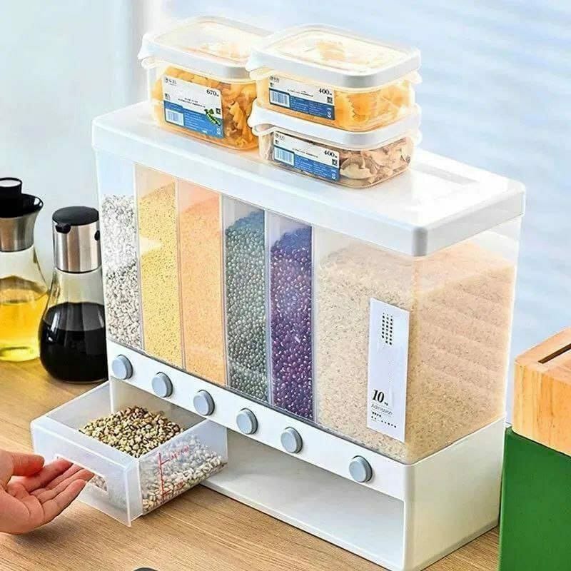 6-Compartment Cereal Dispenser – 10kg Capacity Airtight Food Storage Container