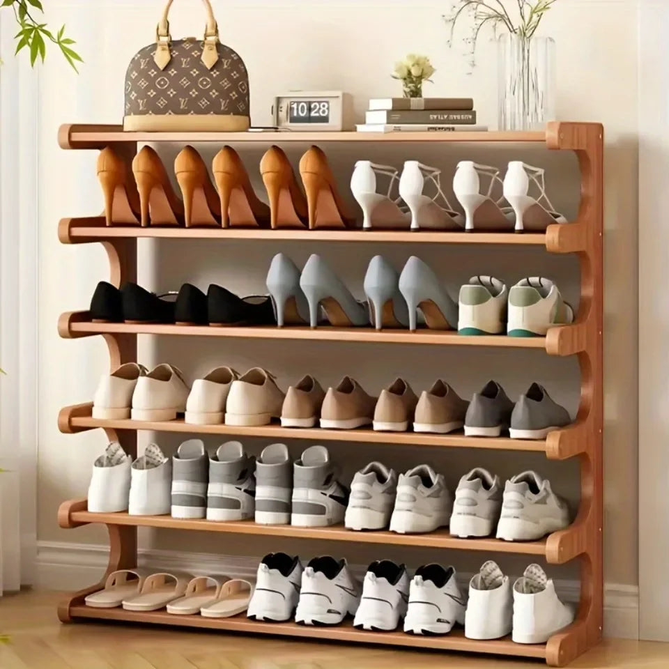6-Layer Stackable Bamboo Shoe Rack – Modern Wooden Shoe Organizer for Home & Entryway