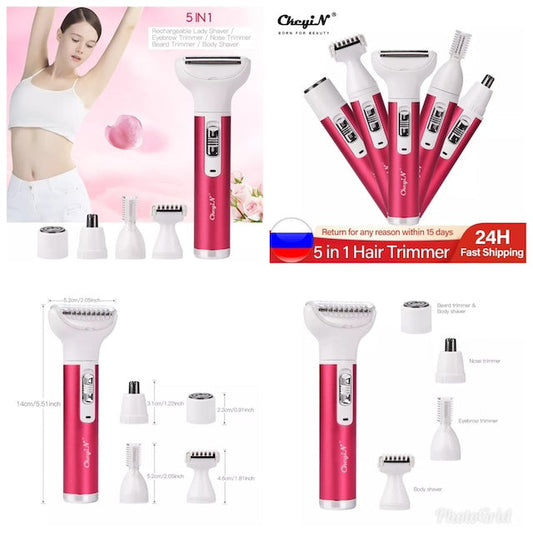 Powerful 5-in-1 Shaver/Trimmer, Rechargeable Facial Epilator, Female Electric Shaver for Facial Hair, Eyebrows, Armpits