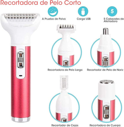 Powerful 5-in-1 Shaver/Trimmer, Rechargeable Facial Epilator, Female Electric Shaver for Facial Hair, Eyebrows, Armpits