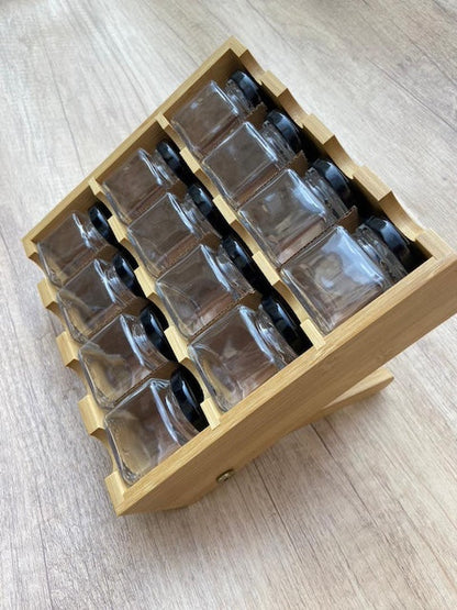 Square Glass Spice Jar Set 12 jars + Bamboo Stand, Bamboo Condiment Organizer Stand, Wall Mounted Wooden Seasoning Holder