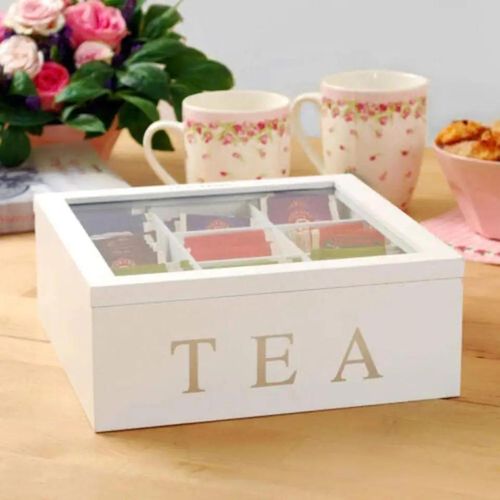 9-Compartment Bamboo Tea Box – Stylish Tea Bag Organizer with Clear Lid & Home Storage Chest