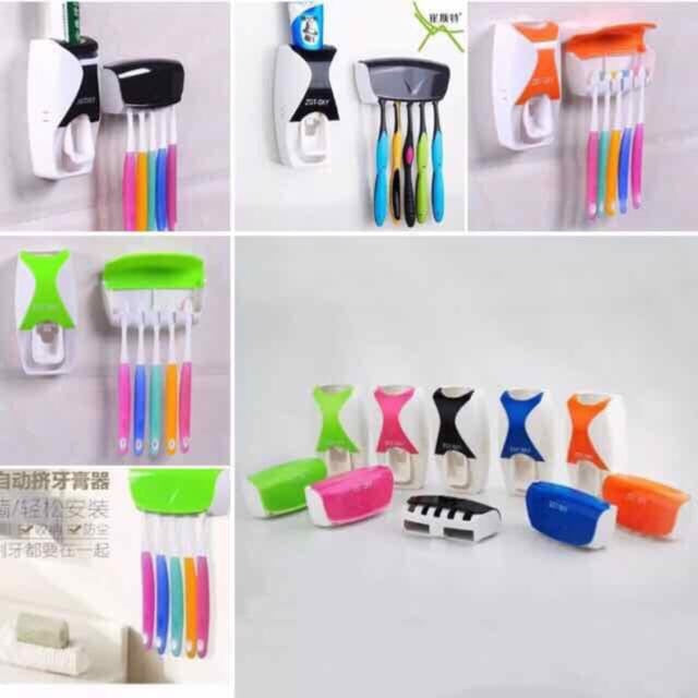Toothpaste Dispenser + 5pcs Toothbrush Holder, Automatic Toothpaste Squeezing Device, Detachable 5 Hole Toothbrush Holder