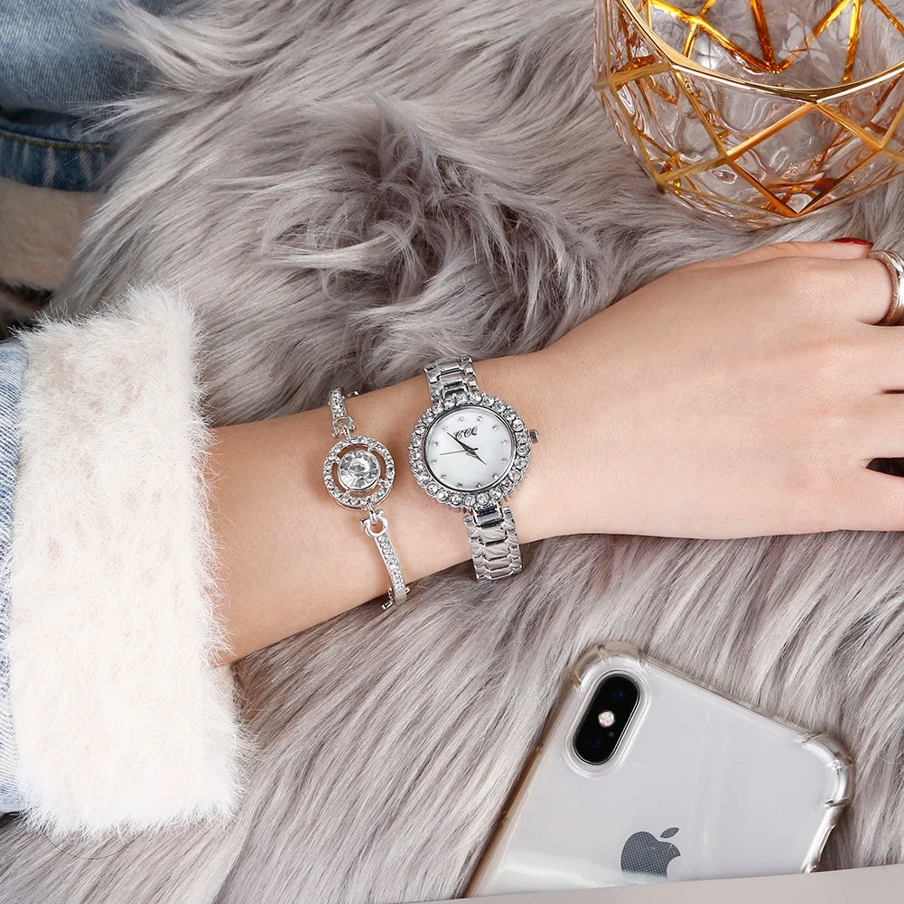 Ladies Luxury Diamond Steel Band Slim Wrist Watch + Elegant Metal Bracelet Bangle – Quartz Timepiece