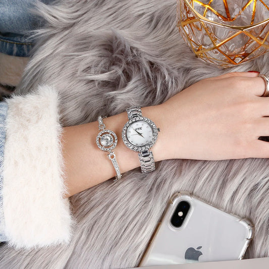 Ladies Luxury Diamond Steel Band Slim Wrist Watch + Elegant Metal Bracelet Bangle – Quartz Timepiece