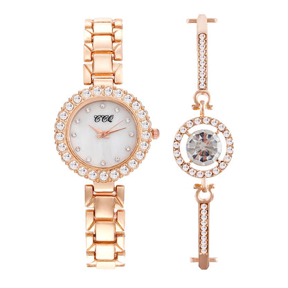 Ladies Luxury Diamond Steel Band Slim Wrist Watch + Elegant Metal Bracelet Bangle – Quartz Timepiece