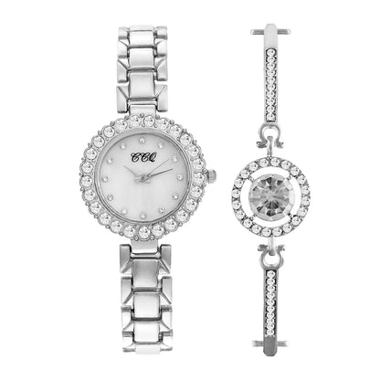 Ladies Luxury Diamond Steel Band Slim Wrist Watch + Elegant Metal Bracelet Bangle – Quartz Timepiece